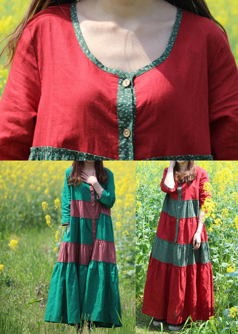 Red O-neck Wrinkled Patchwork Long Dresses Spring Vb1030