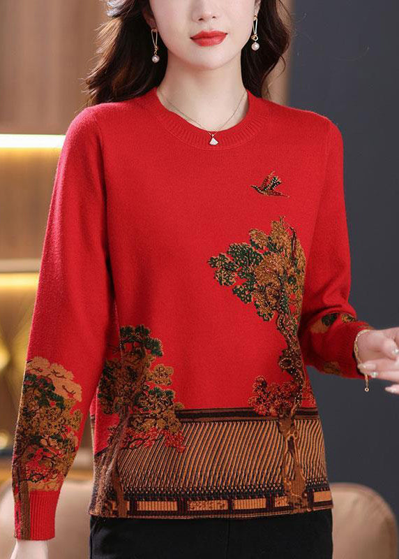Red Patchwork Cozy Wool Knit Sweaters O Neck Long Sleeve Tb024