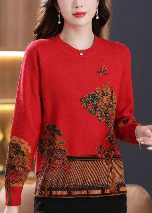 Red Patchwork Cozy Wool Knit Sweaters O Neck Long Sleeve Tb024