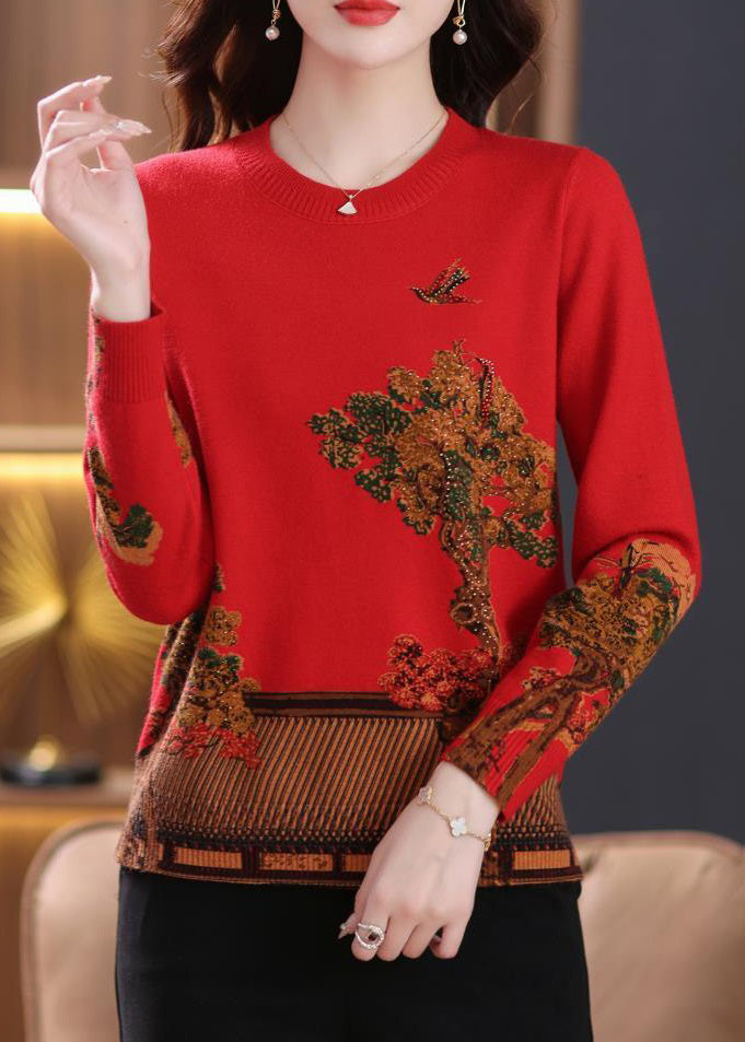 Red Patchwork Cozy Wool Knit Sweaters O Neck Long Sleeve Tb024