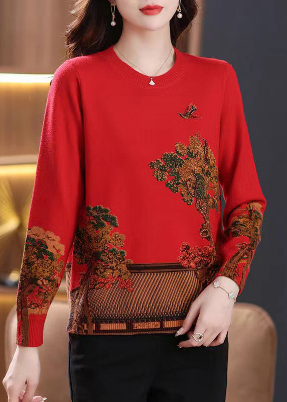 Red Patchwork Cozy Wool Knit Sweaters O Neck Long Sleeve Tb024