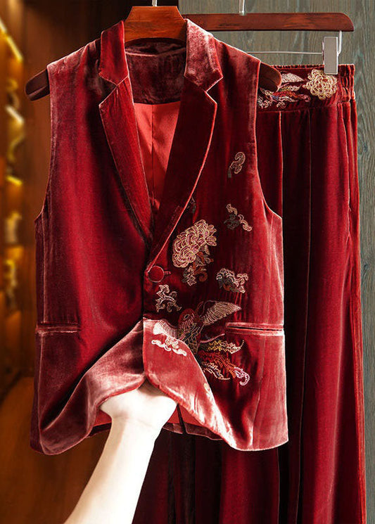 Red Patchwork Velour Two Piece Tops and Pants Embroideried Spring Ly1704