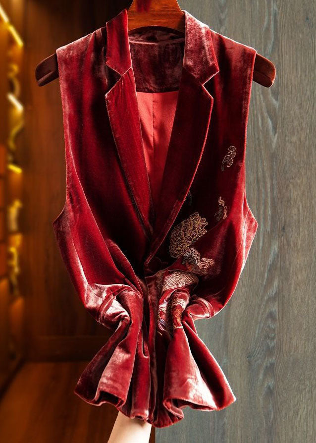 Red Patchwork Velour Two Piece Tops and Pants Embroideried Spring Ly1704
