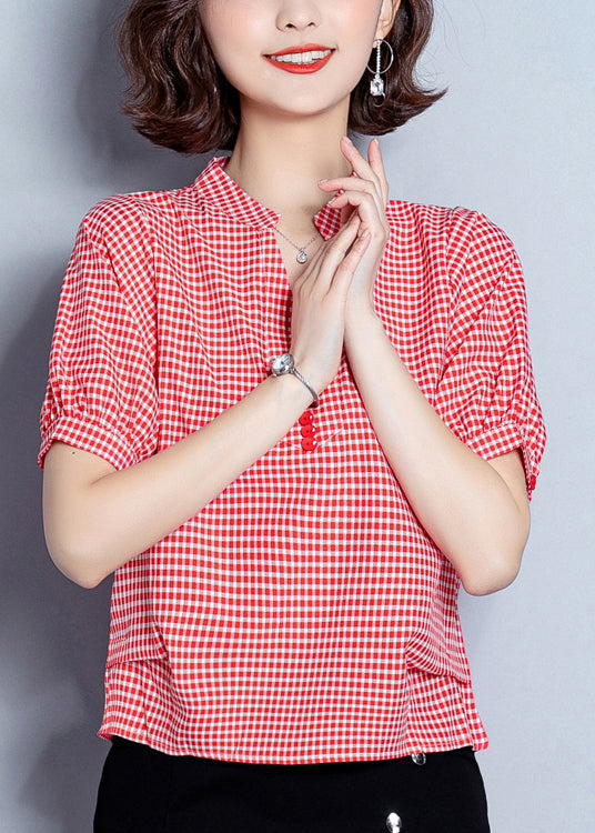 Red Plaid Chiffon Blouses Oversized Wrinkled Short Sleeve Ly0471