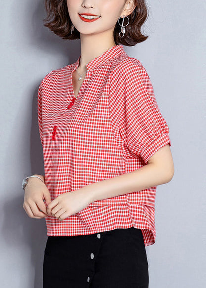 Red Plaid Chiffon Blouses Oversized Wrinkled Short Sleeve Ly0471