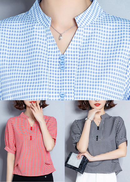 Red Plaid Chiffon Blouses Oversized Wrinkled Short Sleeve Ly0471