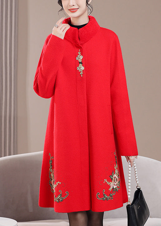 Red Pockets Zircon Wool Spring Coats Stand Collar Rz021