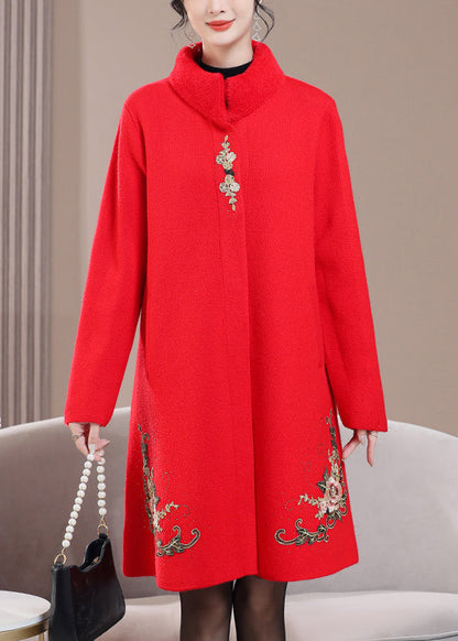 Red Pockets Zircon Wool Spring Coats Stand Collar Rz021