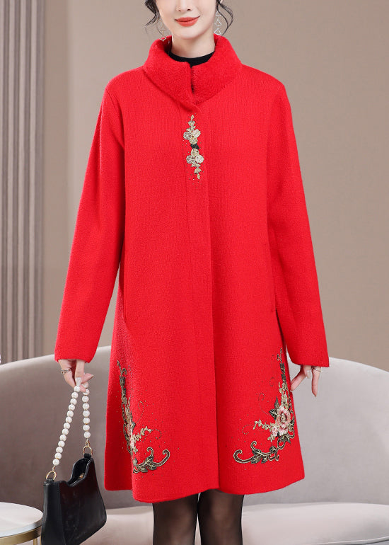 Red Pockets Zircon Wool Spring Coats Stand Collar Rz021