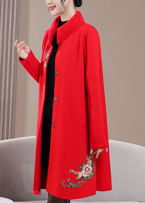 Red Pockets Zircon Wool Spring Coats Stand Collar Rz021
