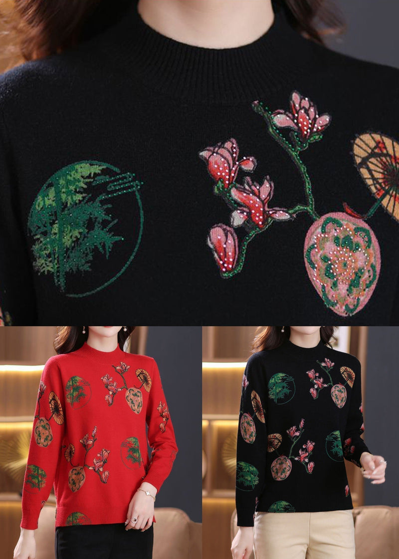 Loose Black Zircon Print Wool Knit Sweaters Spring Tb015