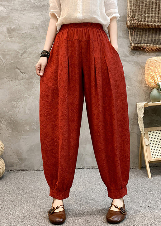 Red Print Pockets Cotton Crop Pants High Waist Re006