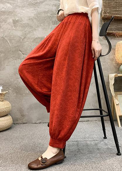Red Print Pockets Cotton Crop Pants High Waist Re006