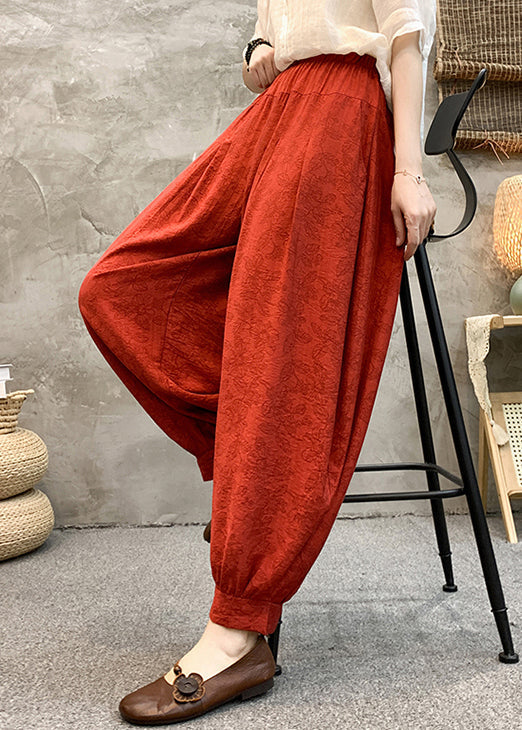 Red Print Pockets Cotton Crop Pants High Waist Re006