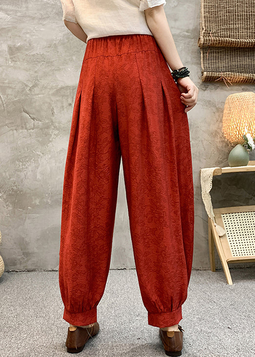 Red Print Pockets Cotton Crop Pants High Waist Re006