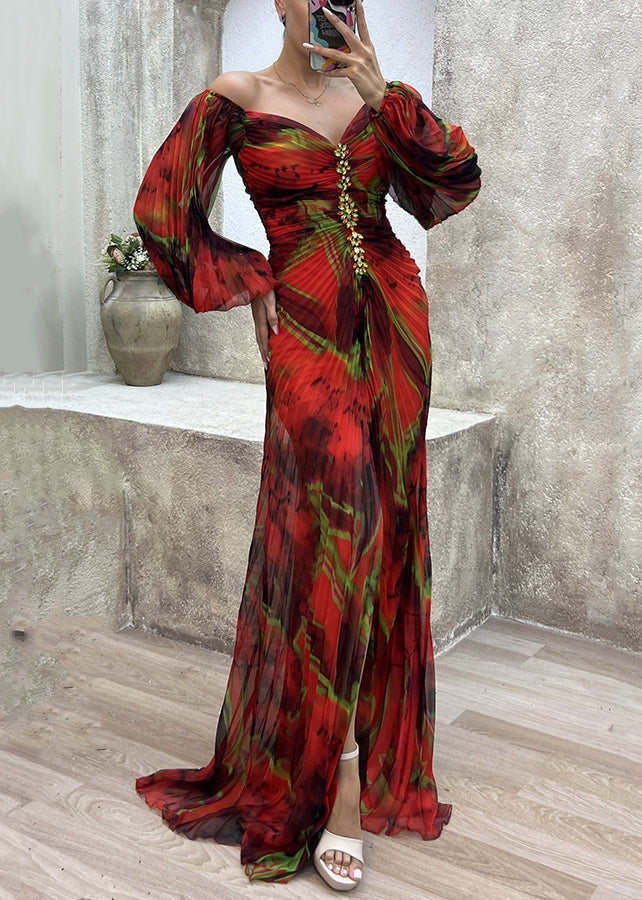 Red Side Open Cotton Long Dresses V Neck Long Sleeve Ww1055