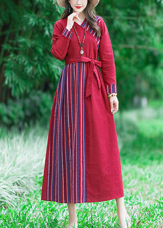 Red Tie Waist Tunic Linen Maxi Dress Long Sleeve Lc0055