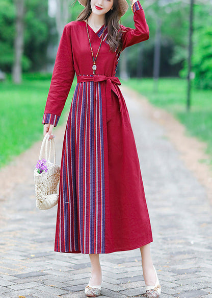 Red Tie Waist Tunic Linen Maxi Dress Long Sleeve Lc0055