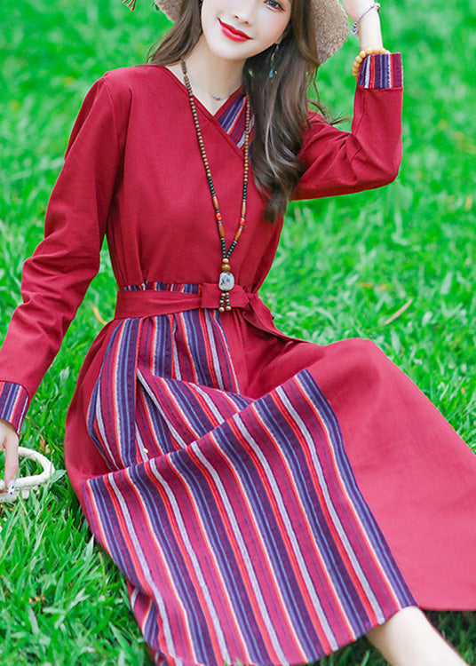 Red Tie Waist Tunic Linen Maxi Dress Long Sleeve Lc0055