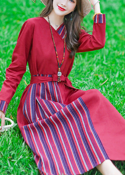 Red Tie Waist Tunic Linen Maxi Dress Long Sleeve Lc0055