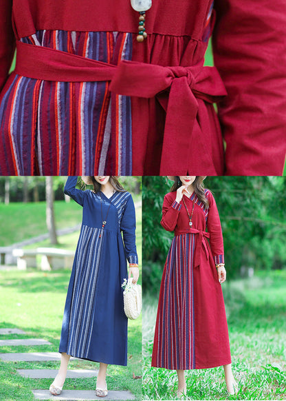 Blue V Neck Striped Patchwork Linen Long Dress Spring Lc0050