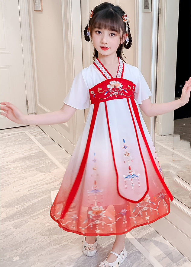 Red V Neck Lace Patchwork Tulle Kids Holiday Maxi Dress Short Sleeve Gf015