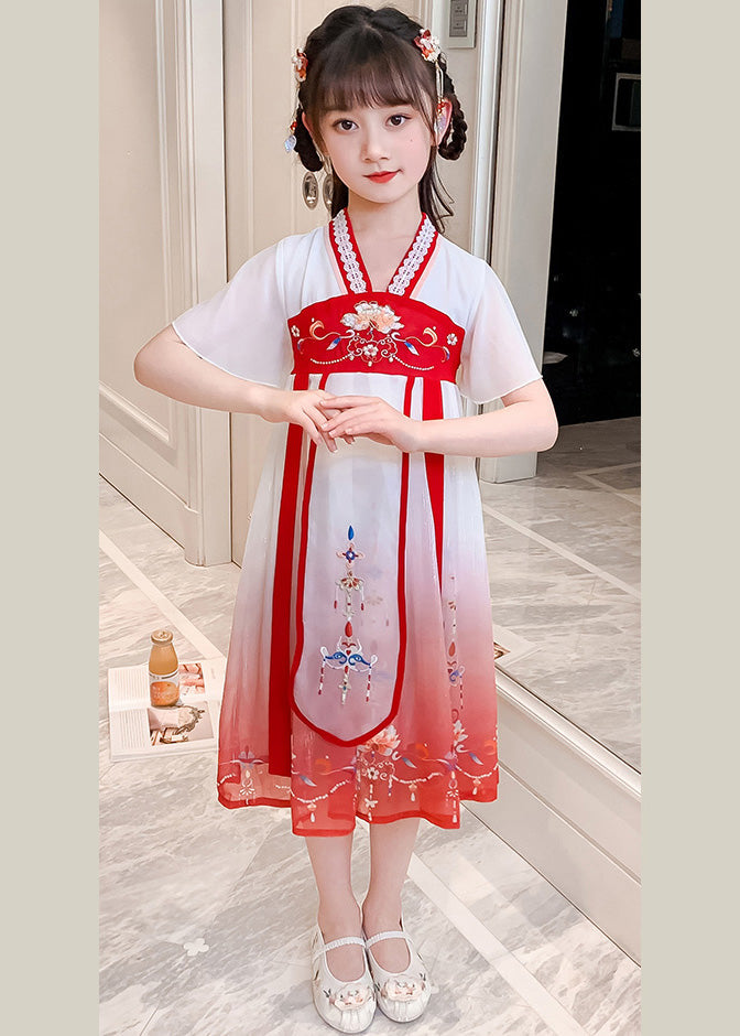 Red V Neck Lace Patchwork Tulle Kids Holiday Maxi Dress Short Sleeve Gf015