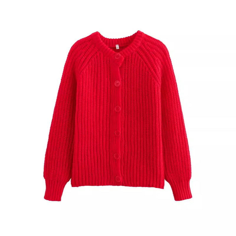 Red Christmas Sweater - Short Cardigan With Round Neck and Long Sleeves