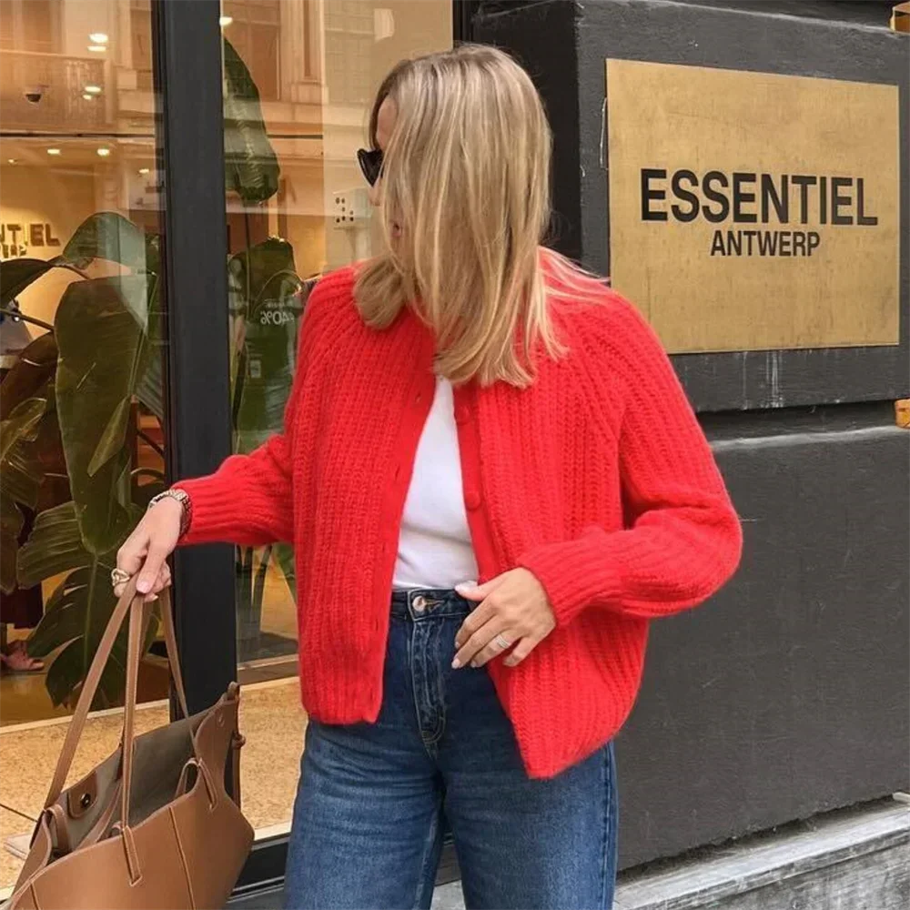 Red Christmas Sweater - Short Cardigan With Round Neck and Long Sleeves