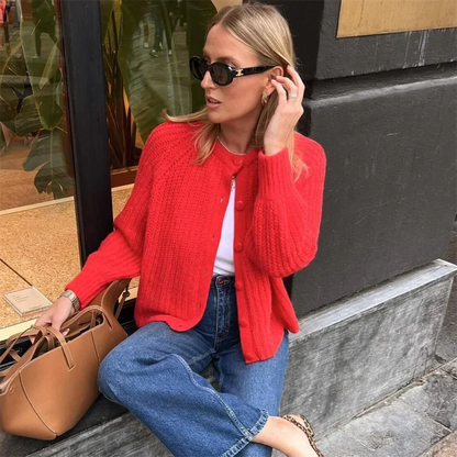 Red Christmas Sweater - Short Cardigan With Round Neck and Long Sleeves