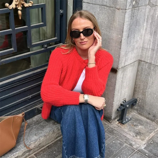 Red Christmas Sweater - Short Cardigan With Round Neck and Long Sleeves