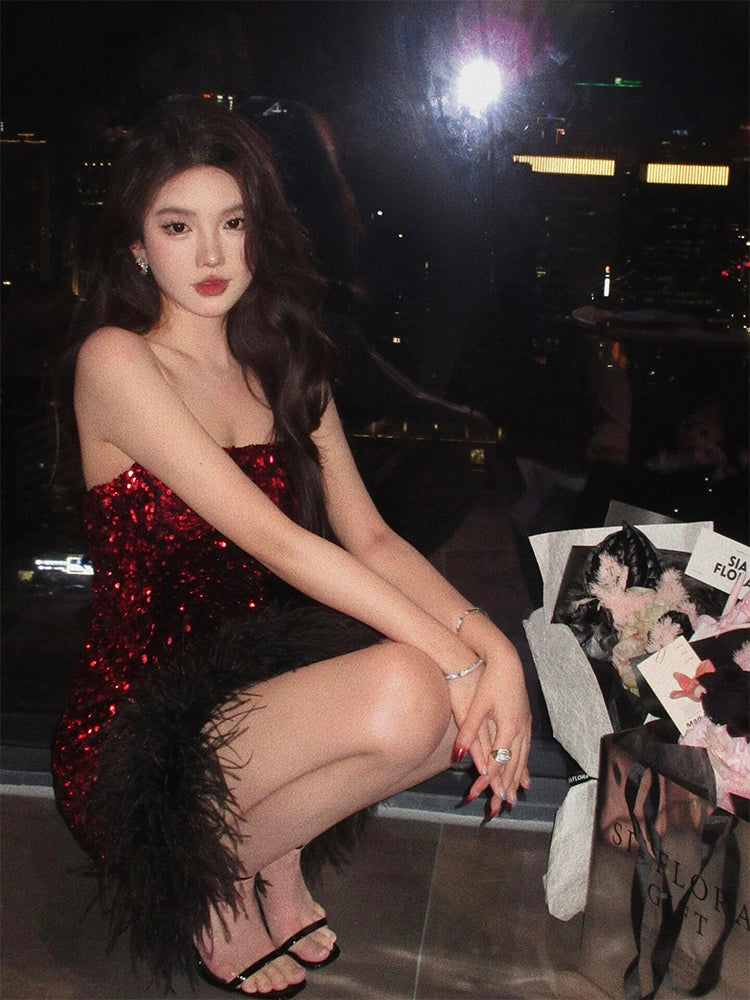 Red Feather Sequin Strapless Dress Party Night Mini Dress