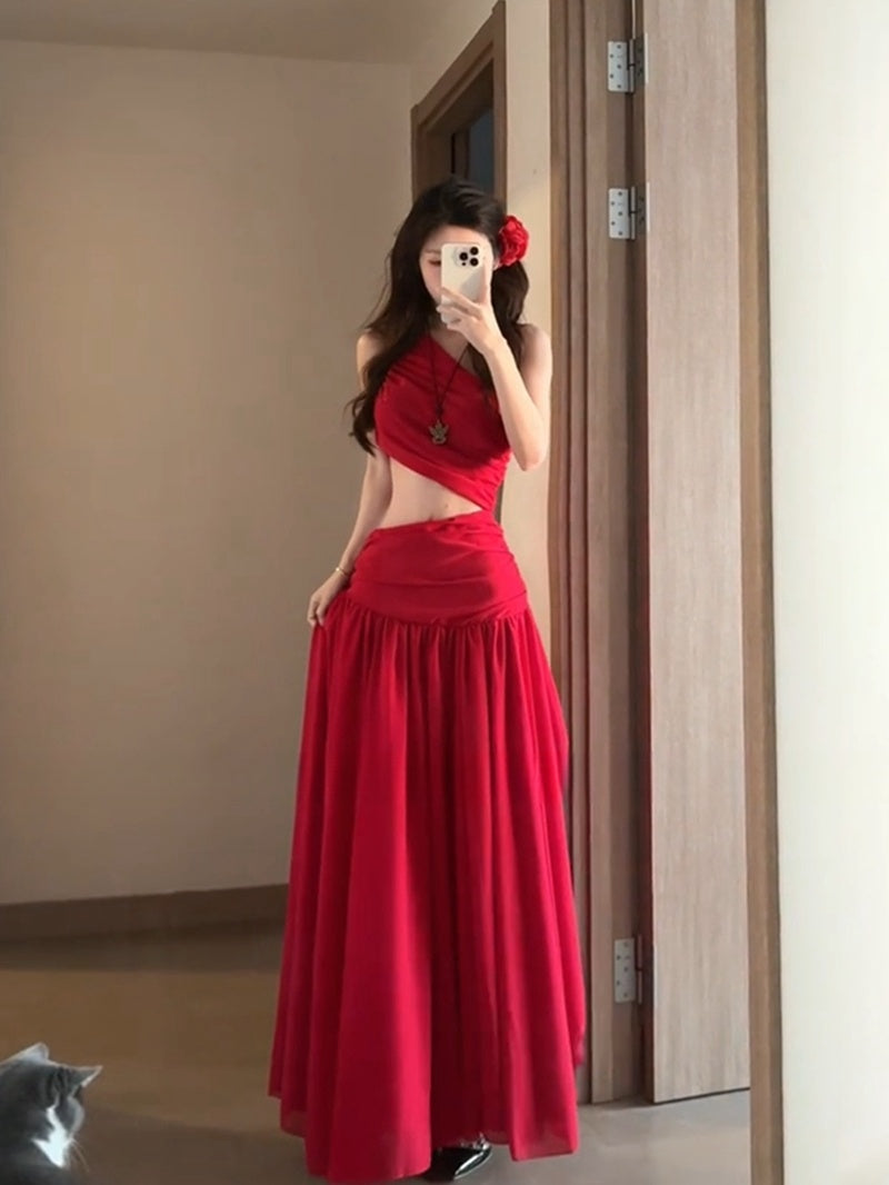 Red Flowy Maxi Dress Open-back Chiffon Vacation Dress