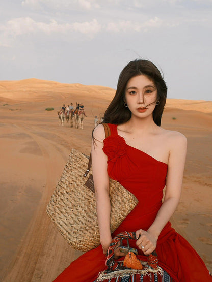 Red One-shoulder Maxi Dress Romantic & Bold Desert Look