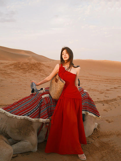 Red One-shoulder Maxi Dress Romantic & Bold Desert Look