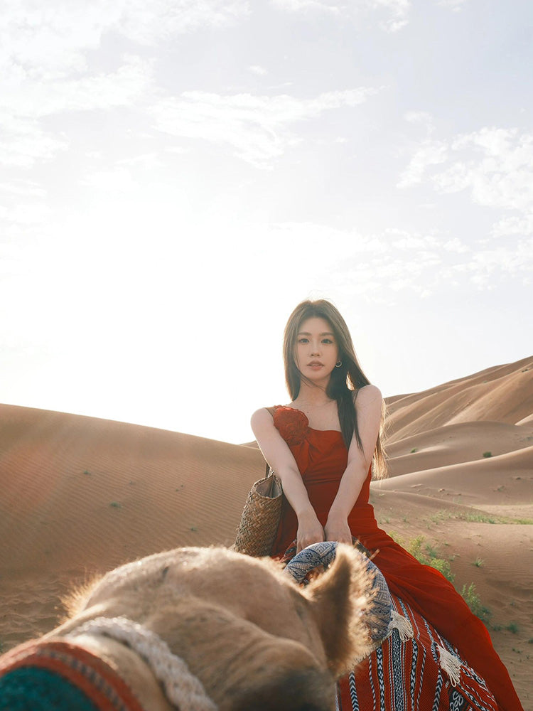 Red One-shoulder Maxi Dress Romantic & Bold Desert Look