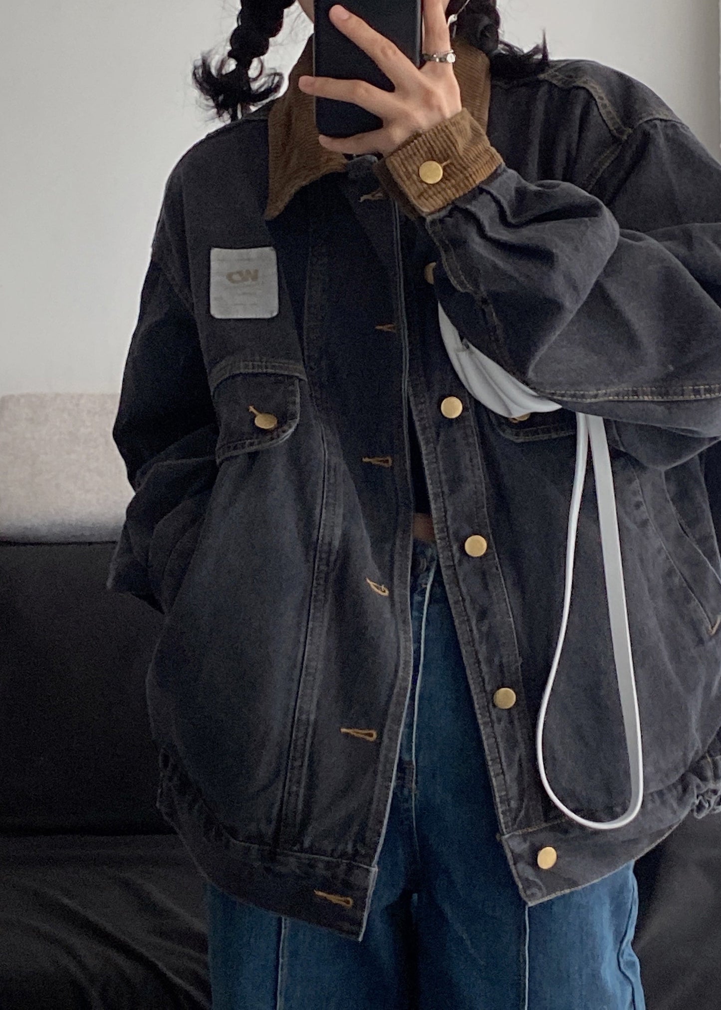 Denim Spring Pockets Retro Button Black Coats Patchwork