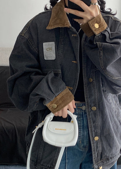 Denim Spring Pockets Retro Button Black Coats Patchwork