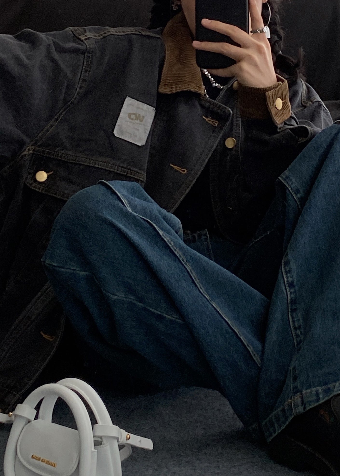 Denim Spring Pockets Retro Button Black Coats Patchwork