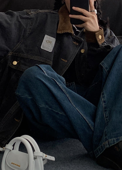 Denim Spring Pockets Retro Button Black Coats Patchwork