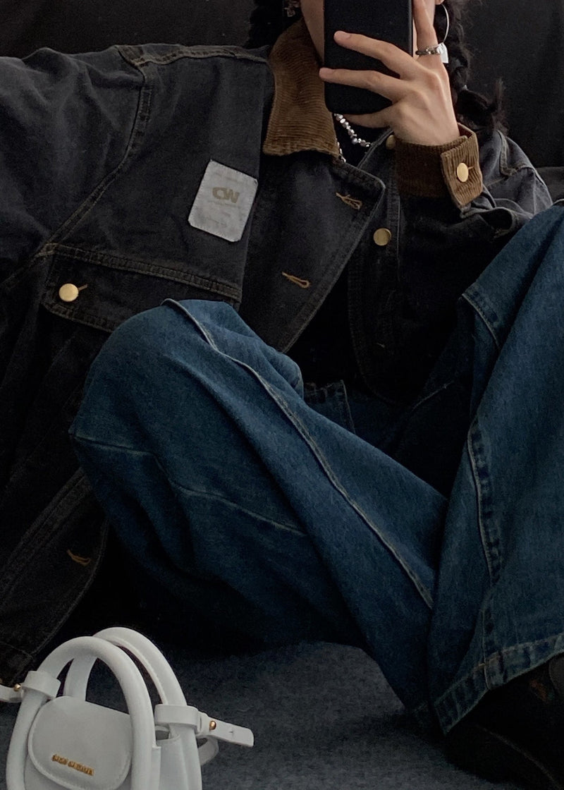 Denim Spring Pockets Retro Button Black Coats Patchwork