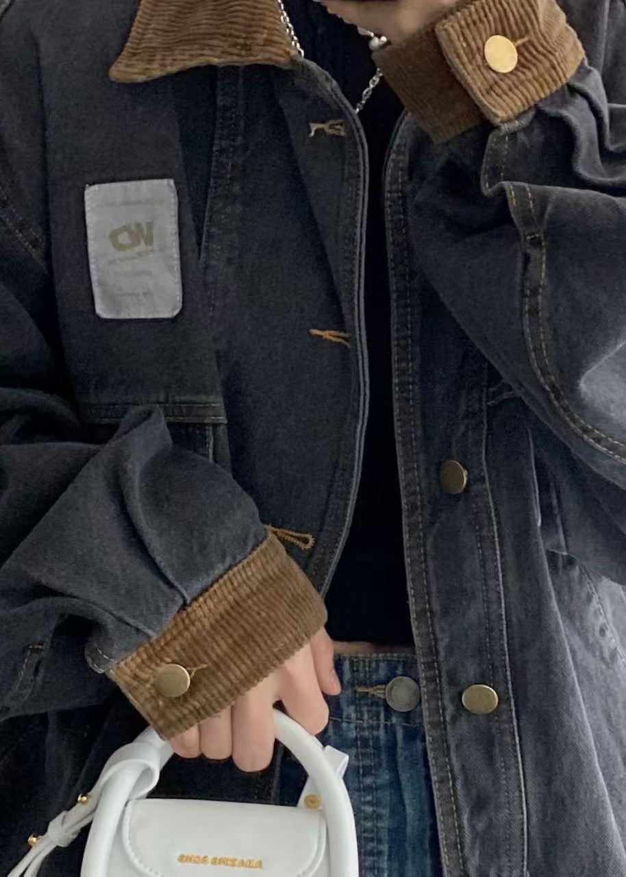 Denim Spring Pockets Retro Button Black Coats Patchwork