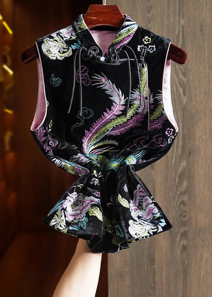 Chinese Button Embroidered Silk Velour Waistcoat Sleeveless