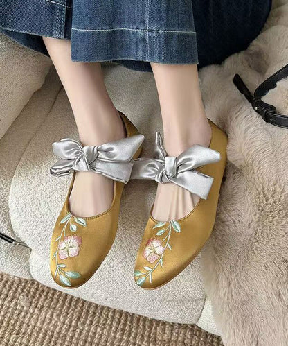 Retro Black Embroidery Satin Bow Lace Up Flats Shoes Kj064