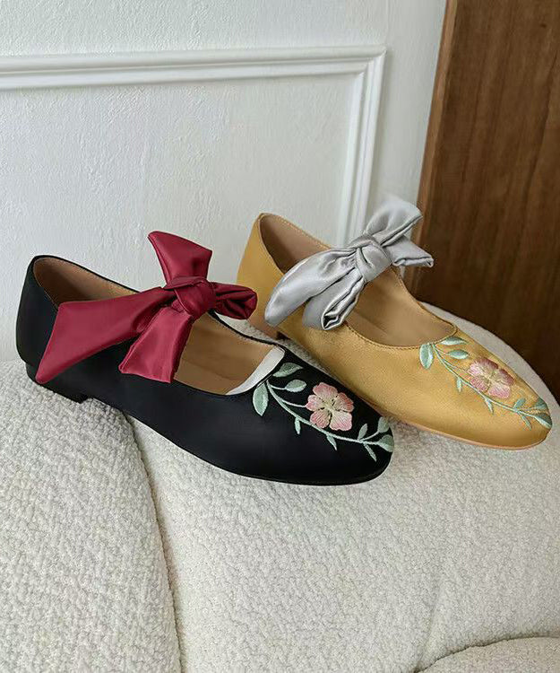Retro Black Embroidery Satin Bow Lace Up Flats Shoes Kj064