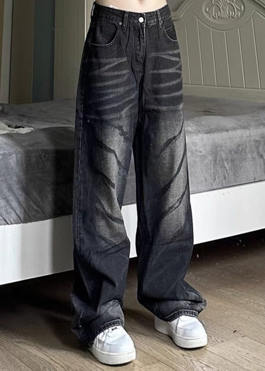 Retro Black High Wais Denim Wide Leg Pants Sa064
