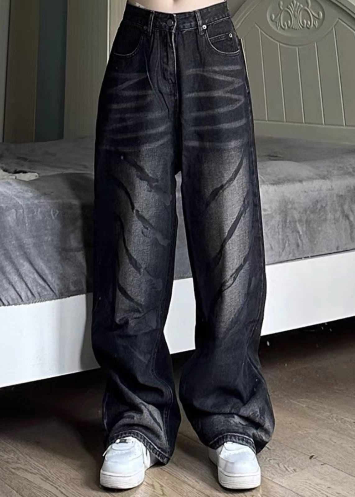 Retro Black High Wais Denim Wide Leg Pants Sa064