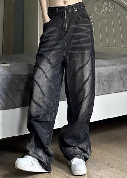 Retro Black High Wais Denim Wide Leg Pants Sa064