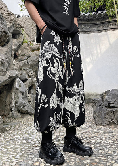 Retro Black Pockets Print Ice Silk Beam Pants Apparel Summer Yt034