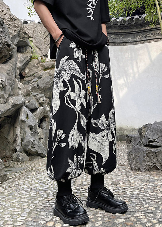 Retro Black Pockets Print Ice Silk Beam Pants Apparel Summer Yt034